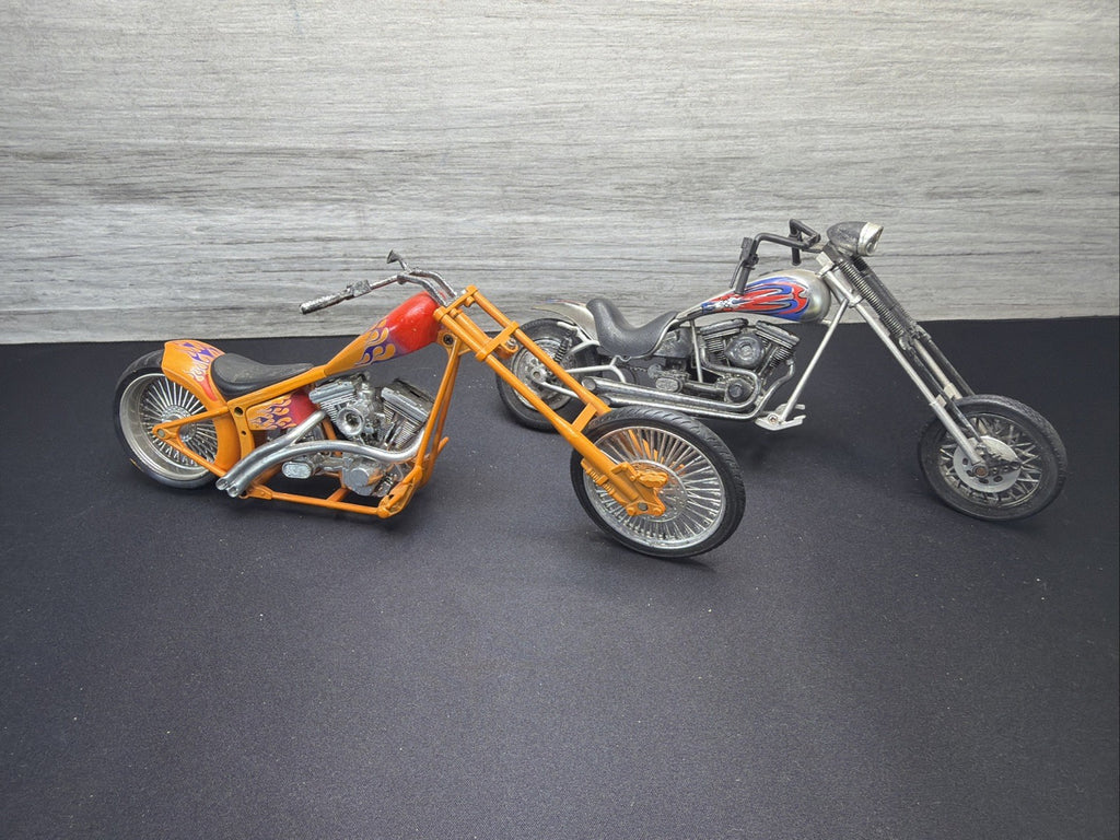 Vintage Custom Chopper Motorcycle Diecast Model Bike Lot of 2 Orange Silver Nice0