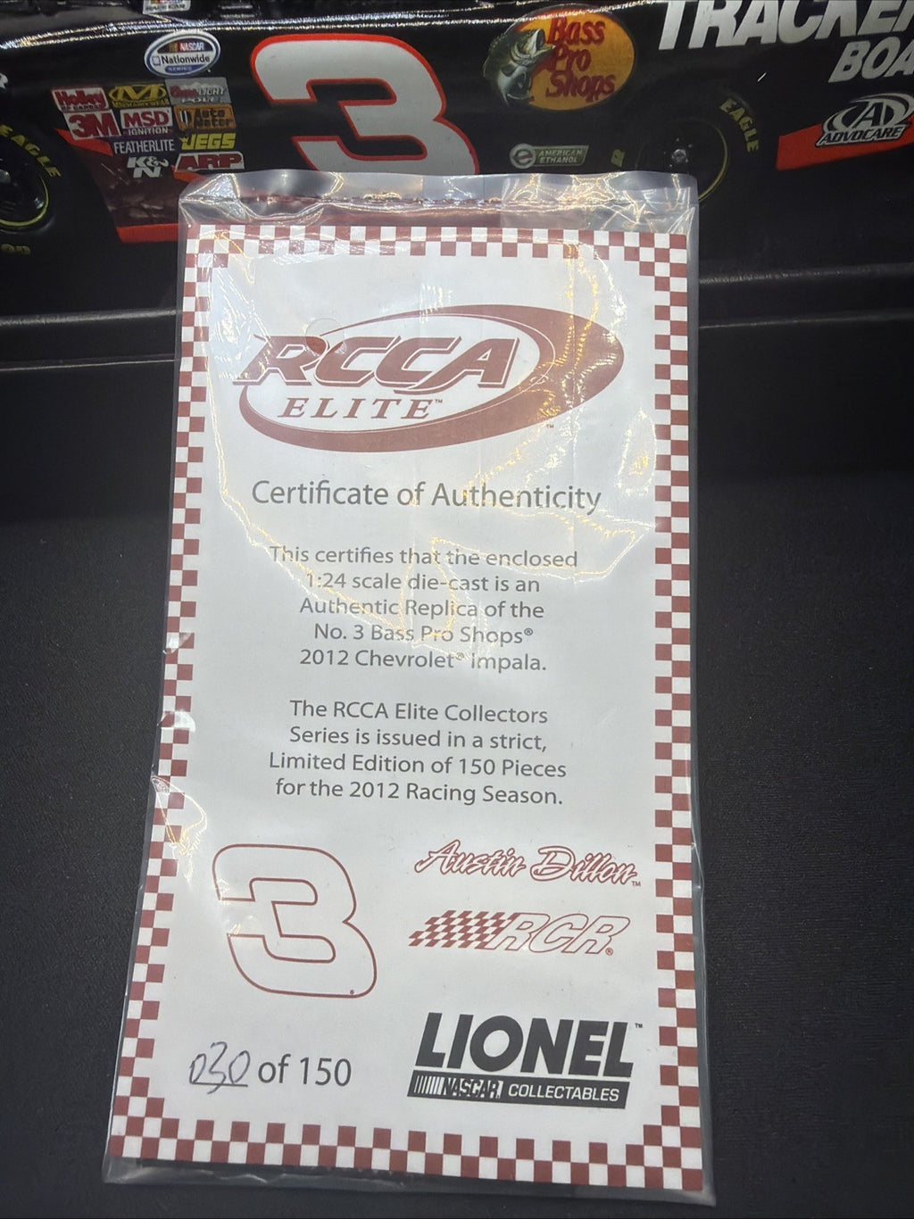 LIONEL RCCA ELITE 1:24 Austin Dillon #3 Bass Pro 2012 Impala 30/150 New Cert1
