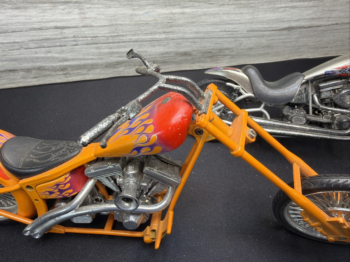 Vintage Custom Chopper Motorcycle Diecast Model Bike Lot of 2 Orange Silver Nice7