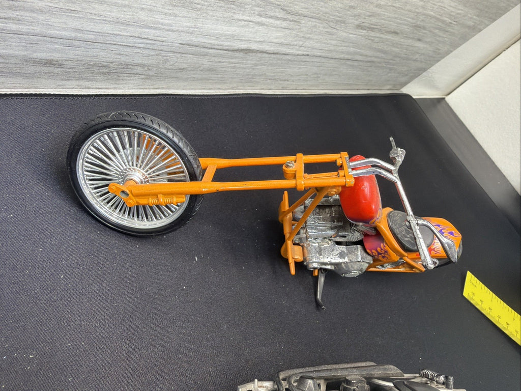 Vintage Custom Chopper Motorcycle Diecast Model Bike Lot of 2 Orange Silver Nice23